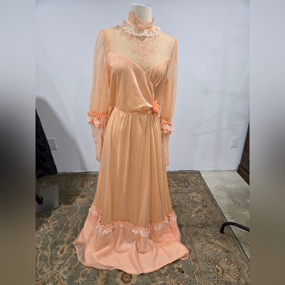 Vintage JC Penny Apricot Lace Women's Dress High Neckline